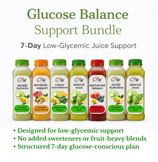 A 7-day vegetable-forward juice bundle designed to support steady energy, reduce excess bloat, and complement a balanced eating plan.
Spring water based.
No added sweeteners.
Curated intentionally for blood sugar awareness.
